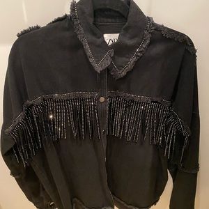 Zara Shiny Fringe Black Button Up Jacket size XS